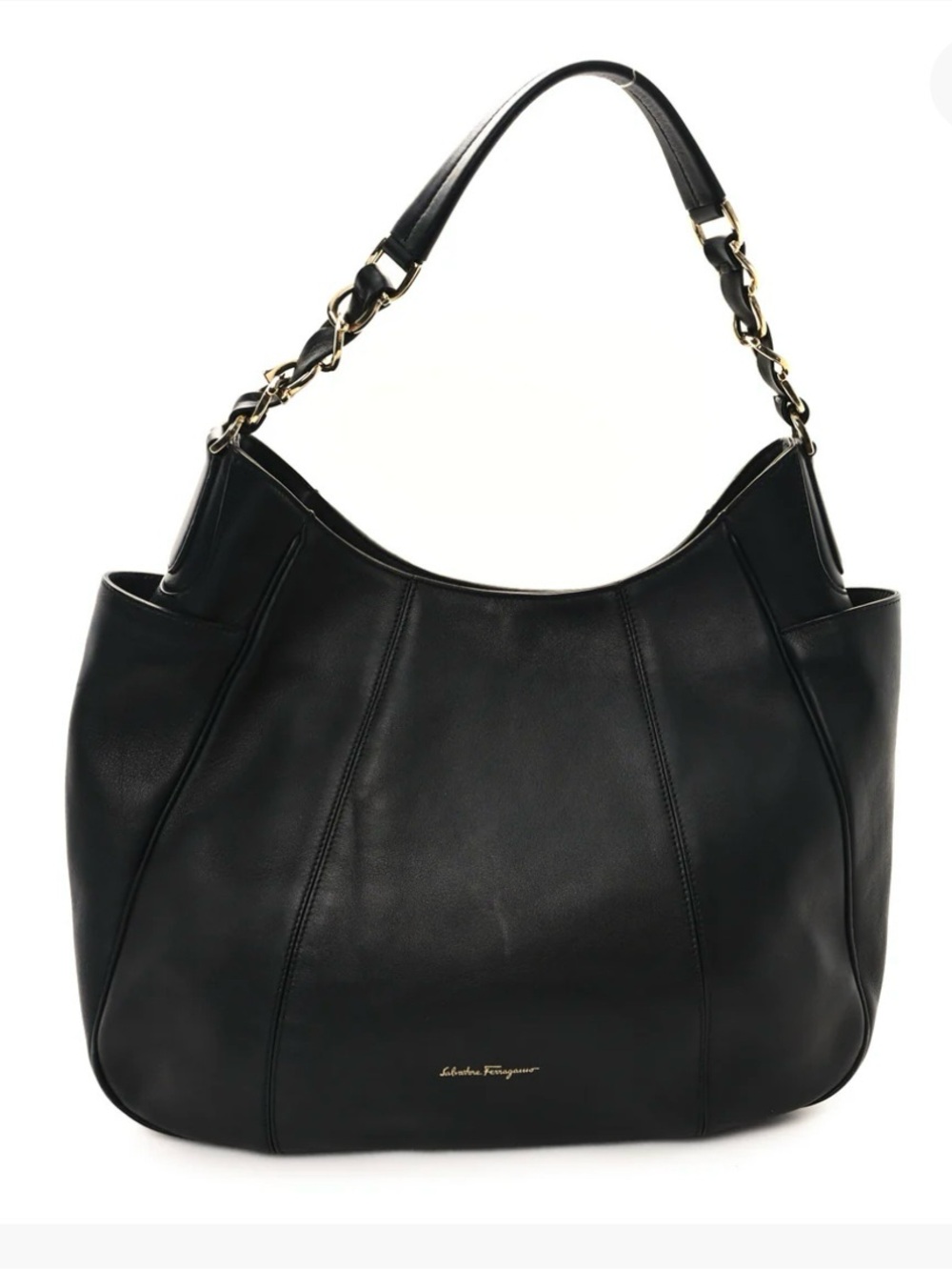 Authentic Salvatore Ferragamo Black Leather Hobo Shoulder Bag with Gold Hardware